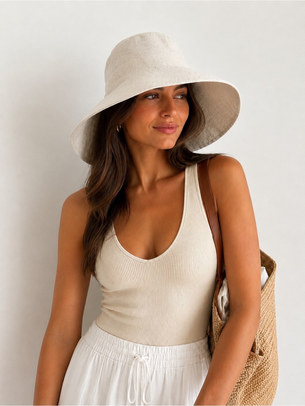 Joe Fresh Beige Linen Blend Wide Brim Bucket Sun Hat S/M minimalist Beachy patio